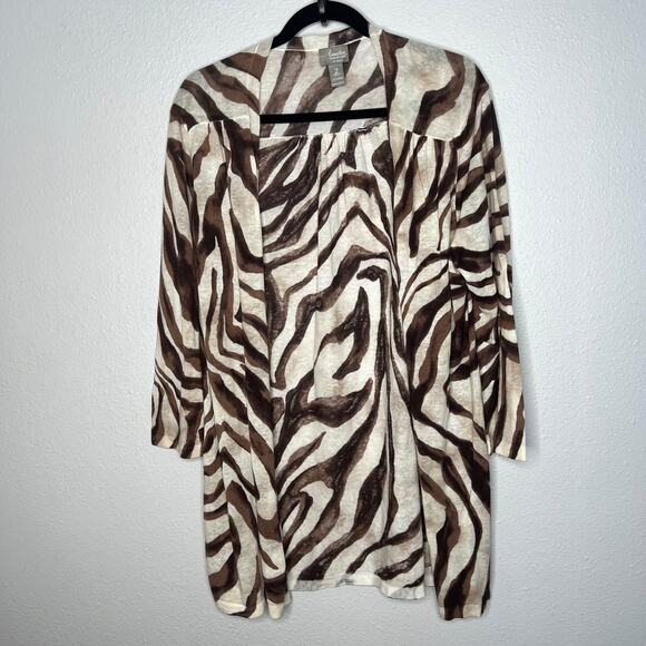Travelers Chico's Zebra Print Liinen Blend Cardigan Cream Brown Open Front  Sz 2 - Picture 1 of 4